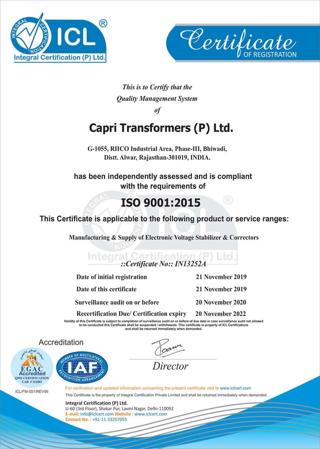 Certificates and Awards | #1 Capri Voltage Stabilizers